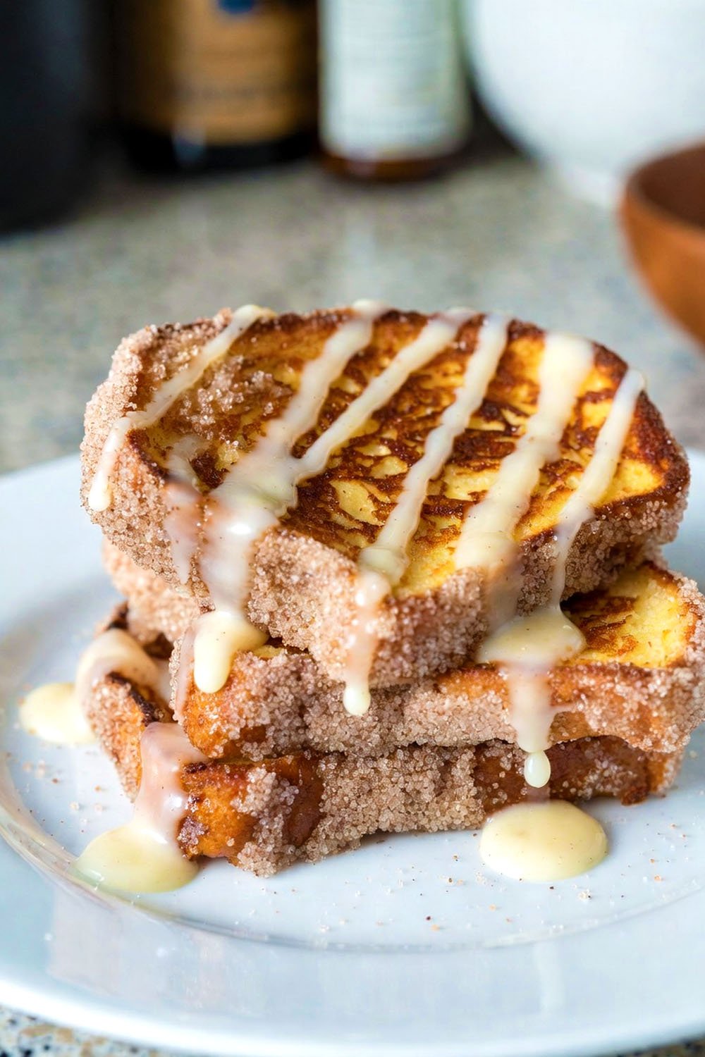 churro cinnamon sugar french toast with cream cheese icing