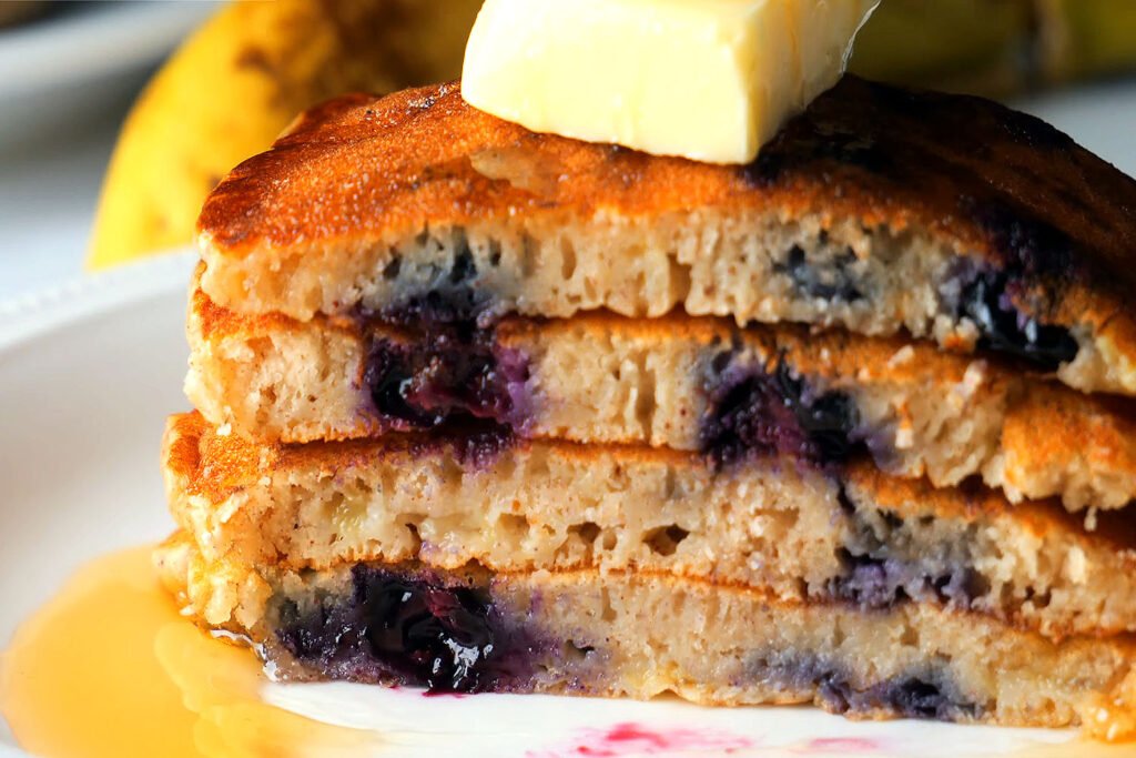 Fluffy Banana Pancakes with Bursting Blueberries