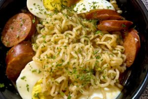 Cajun Boiled Eggs with Noodles