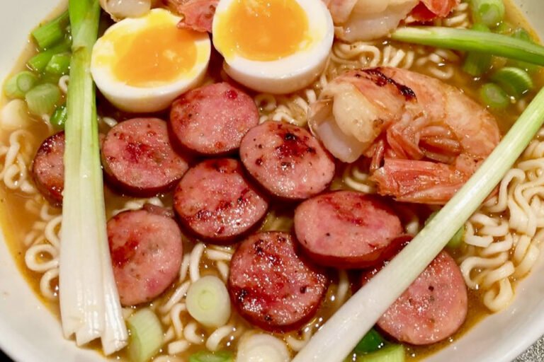 Ramen Noodles with Boiled Eggs and Sausage