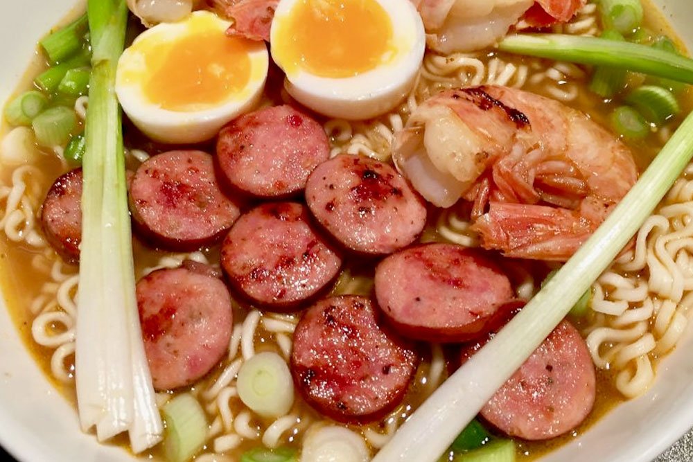 Ramen Noodles with Boiled Eggs and Sausage